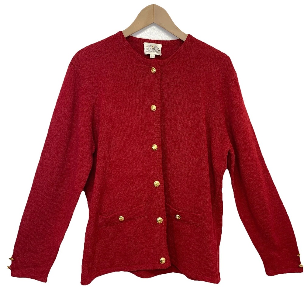 Susan Bristol Vintage 90s  Red Wool Blend Cardigan Sweater Gold Buttons Large